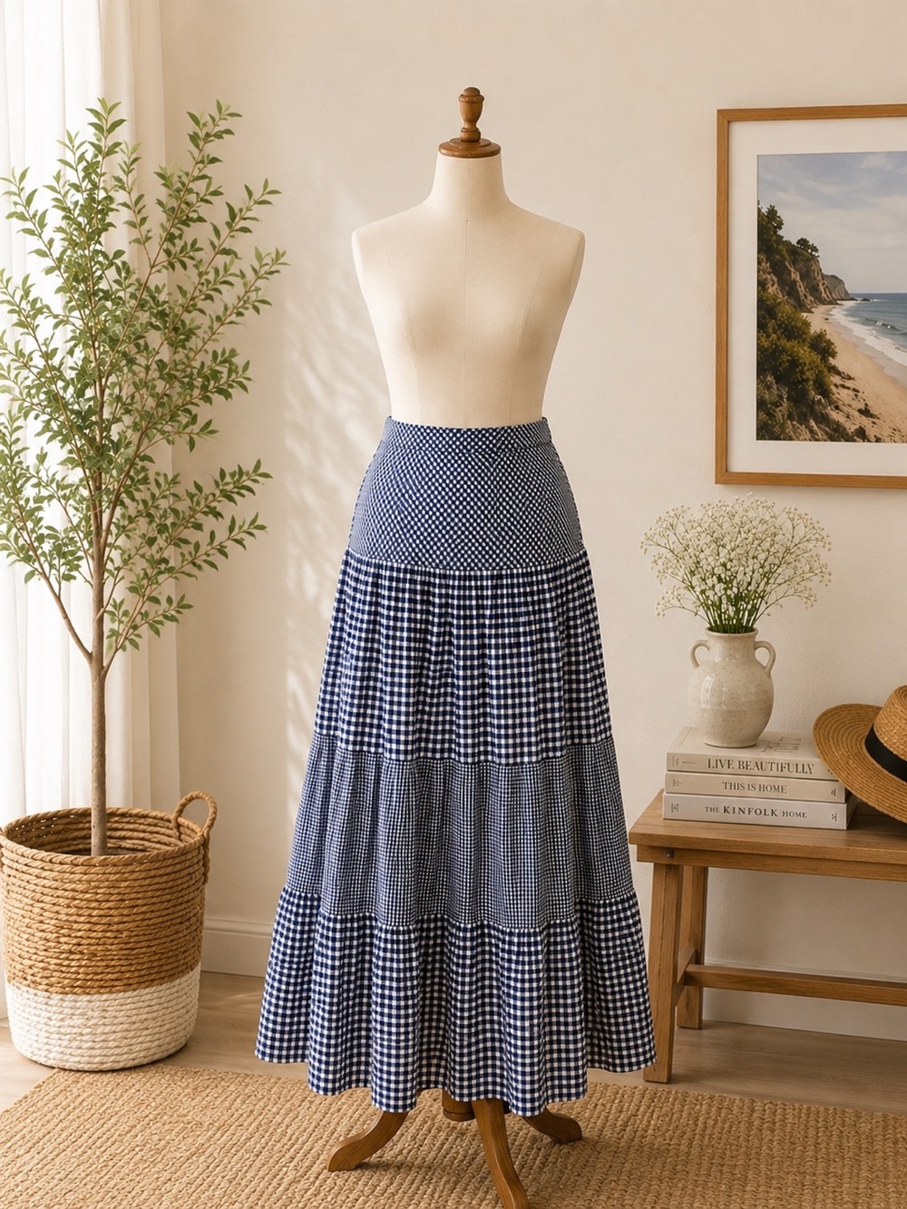 Ralph Lauren Gingham Maxi Skirt Medium Cotton Tiered Cottage Coastal